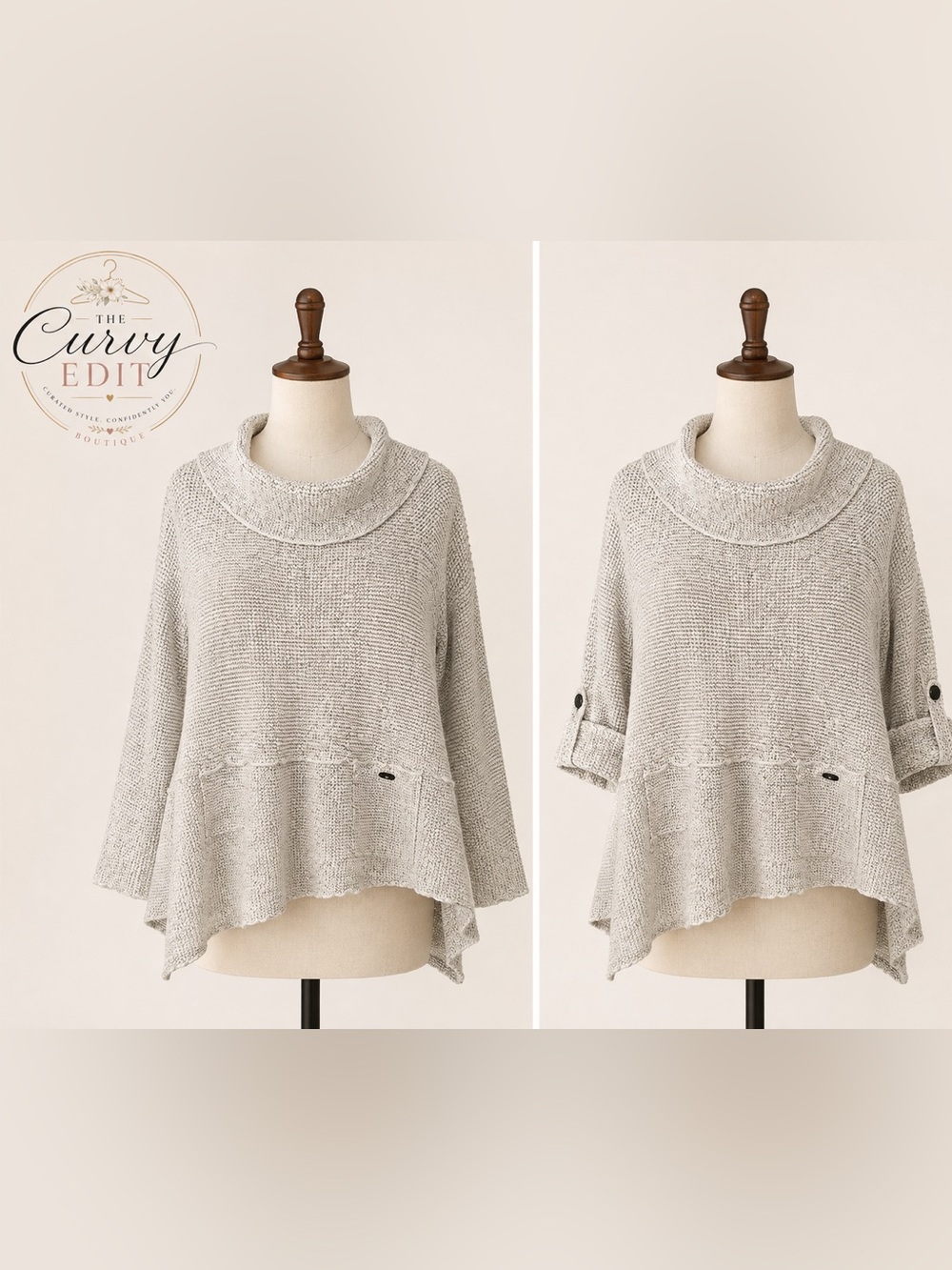 Ali Miles Large Cowl Neck Sweater Roll Tab Sleeve Asymmetrical Hem Casual Chic